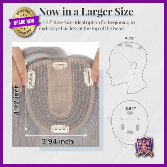 12 Inch Human Hair Topper with Silk Base, 4 Clips for Thinning Hair